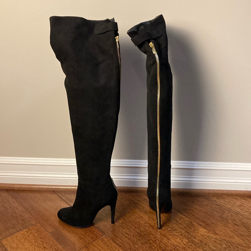 NWB Sergio Rossi Black Suede Over Knee Thigh High Boots Heels Gold Zippers 36 6